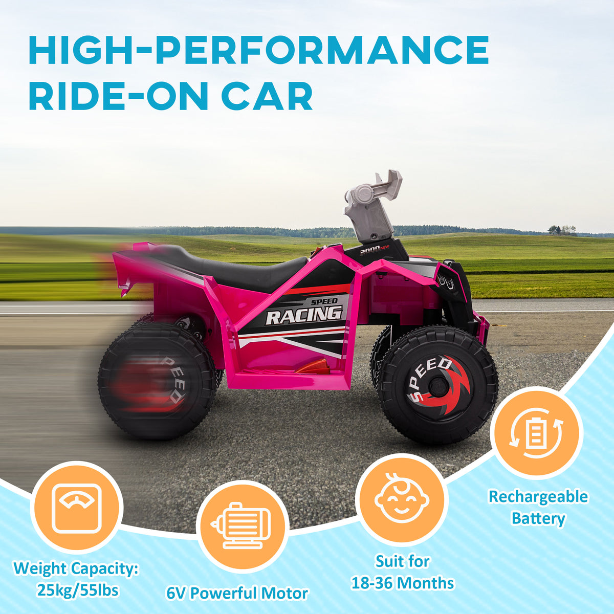 6V Quad Kids Electric Car with Wear-resistant Wheels, for Boys and Girls Aged 18-36 Months-Toys & Games > Baby & Toddler Toys > Electric Ride-On Toys > Electric Toy Cars-DECOROLALA
