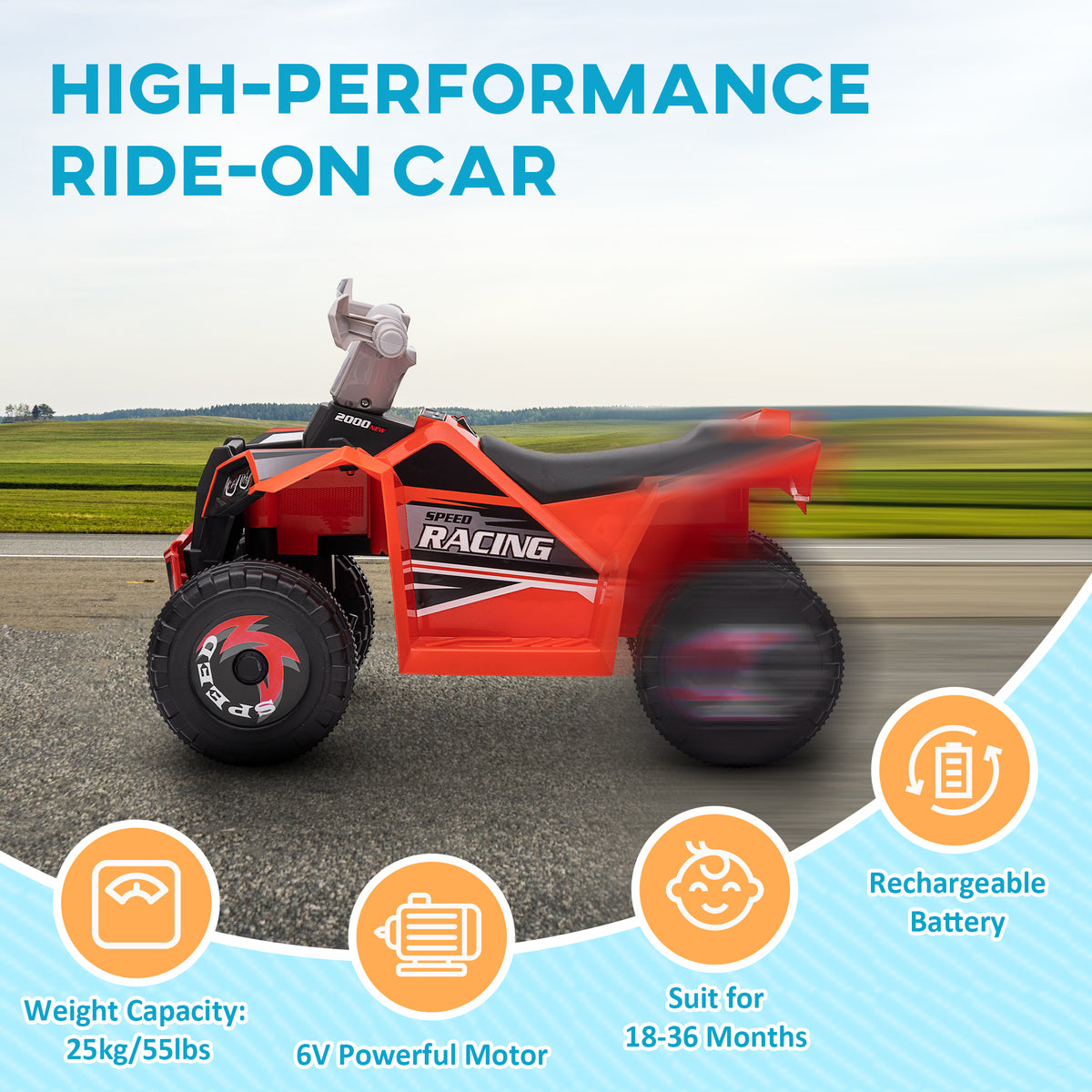6V Quad Kids Electric Car with Wear-resistant Wheels, for Boys and Girls Aged 18-36 Months-Toys & Games > Baby & Toddler Toys > Electric Ride-On Toys > Electric Toy Cars-DECOROLALA