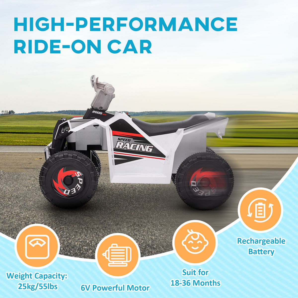 6V Quad Kids Electric Car with Wear-resistant Wheels, for Boys and Girls Aged 18-36 Months-Toys & Games > Baby & Toddler Toys > Electric Ride-On Toys > Electric Toy Cars-DECOROLALA