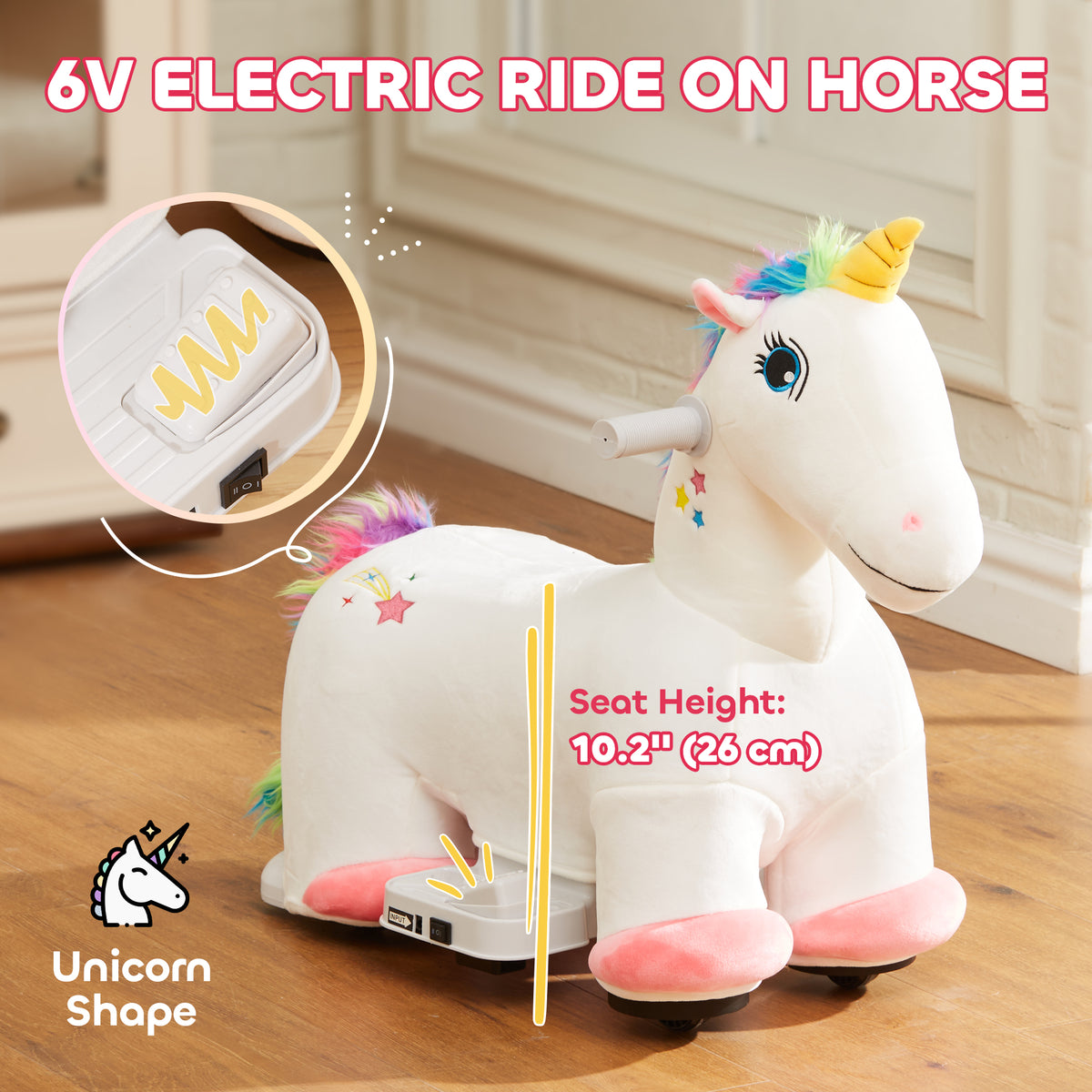 6V Ride on Unicorn, Battery Powered Kids Riding Pony with Music Forward, Aged 18-36 Months, White-Toys & Games > Baby & Toddler Toys > Riding & Rocking Toys > Rocking Horses-DECOROLALA