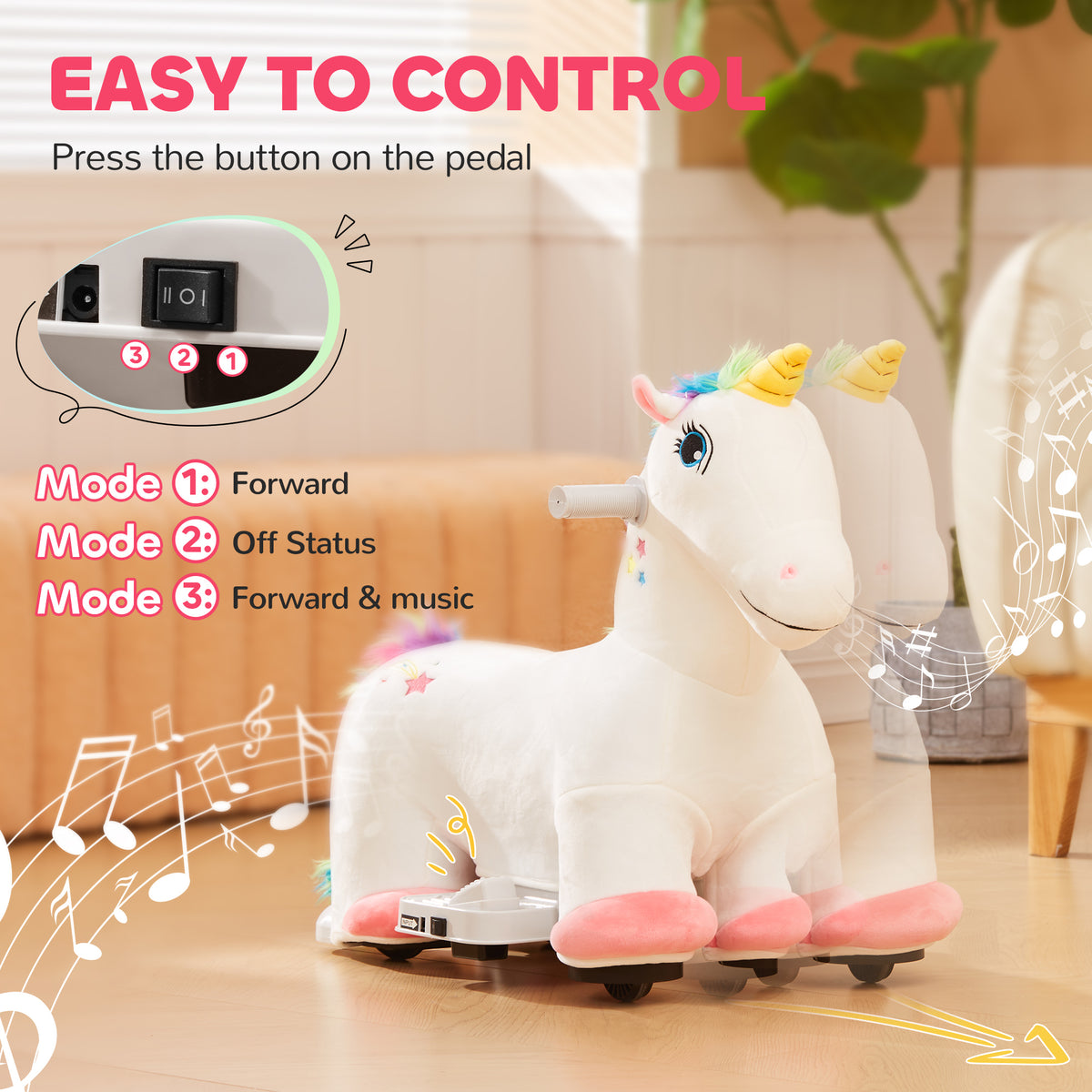 6V Ride on Unicorn, Battery Powered Kids Riding Pony with Music Forward, Aged 18-36 Months, White-Toys & Games > Baby & Toddler Toys > Riding & Rocking Toys > Rocking Horses-DECOROLALA