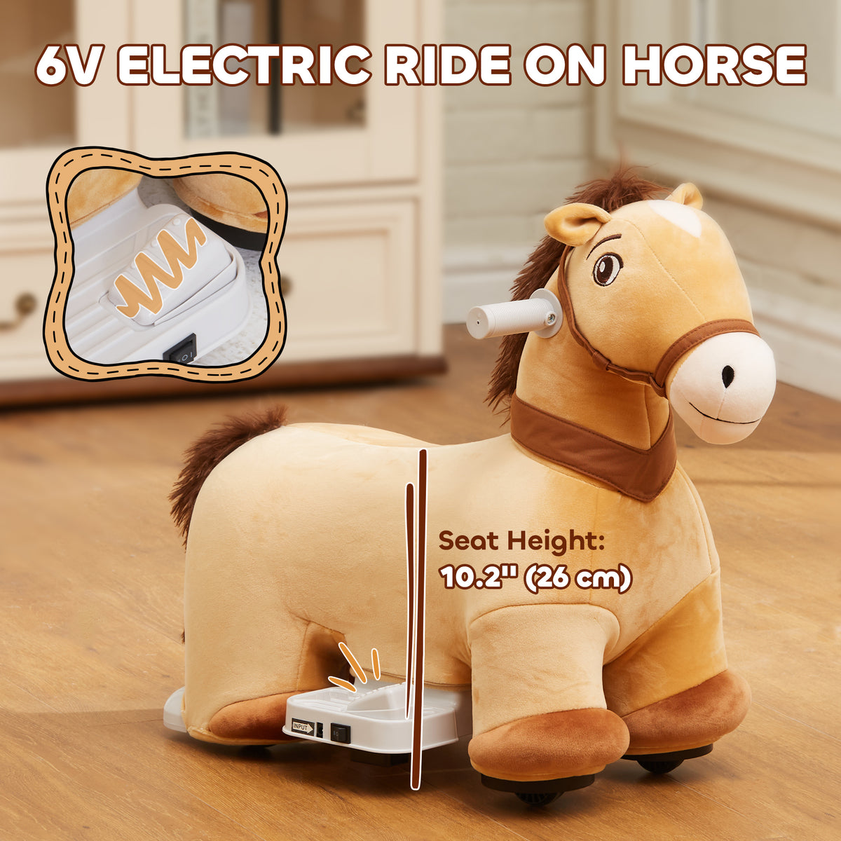 6V Battery Powered Kids Ride on Animal Toy, Electric Ride on Horse with Music Forward, Brown-Toys & Games > Baby & Toddler Toys > Riding & Rocking Toys > Rocking Horses-DECOROLALA