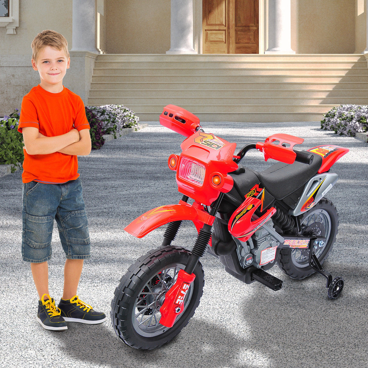 6V Kid Electric Ride On Motorcycle Powered Dirt Bike Battery Scooter For 3-6 Year Old Kids Toddlers W/ Training Wheels Red-Toys & Games > Baby & Toddler Toys > Electric Ride-On Toys > Electric Motorcycles-DECOROLALA