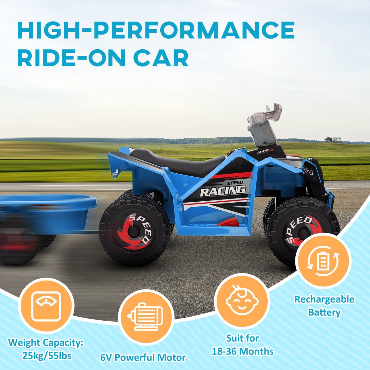 6V Kids ATV Quad, Battery Powered Electric Vehicle for Kids with Back Trailer, Wear-resistant Wheels, for Boys and Girls-Toys & Games > Baby & Toddler Toys > Electric Ride-On Toys > Electric Toy Cars-DECOROLALA