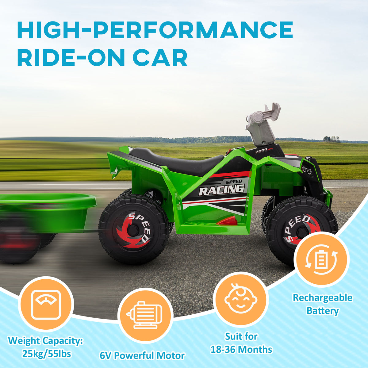 6V Kids ATV Quad, Battery Powered Electric Vehicle for Kids with Back Trailer, Wear-resistant Wheels, for Boys and Girls-Toys & Games > Baby & Toddler Toys > Electric Ride-On Toys > Electric Toy Cars-DECOROLALA