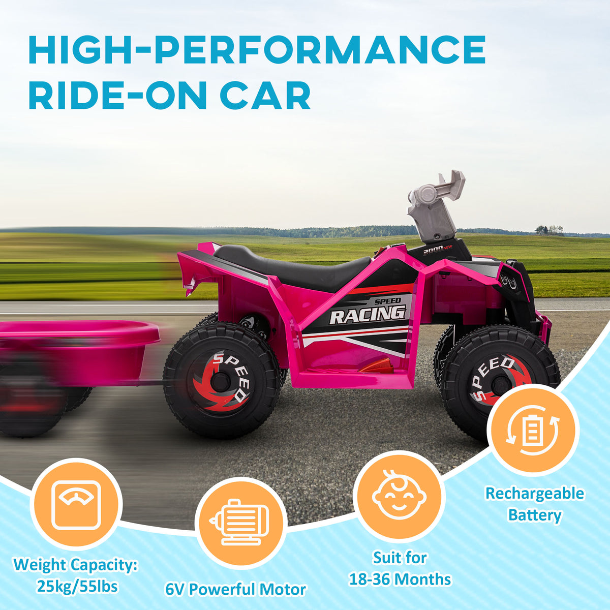 6V Kids ATV Quad, Battery Powered Electric Vehicle for Kids with Back Trailer, Wear-resistant Wheels, for Boys and Girls-Toys & Games > Baby & Toddler Toys > Electric Ride-On Toys > Electric Toy Cars-DECOROLALA