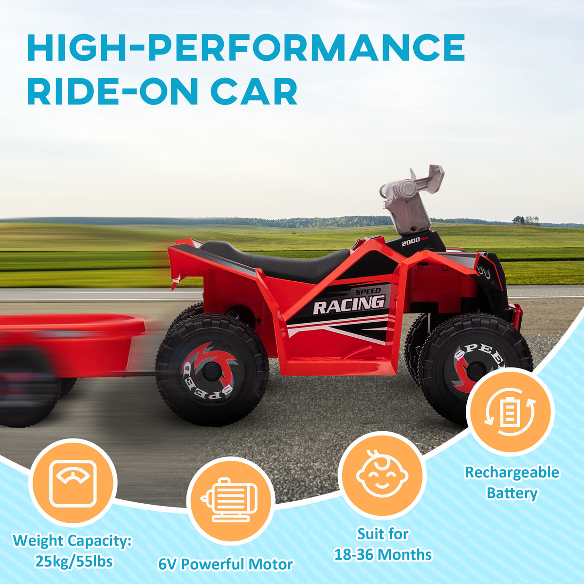 6V Kids ATV Quad, Battery Powered Electric Vehicle for Kids with Back Trailer, Wear-resistant Wheels, for Boys and Girls-Toys & Games > Baby & Toddler Toys > Electric Ride-On Toys > Electric Toy Cars-DECOROLALA