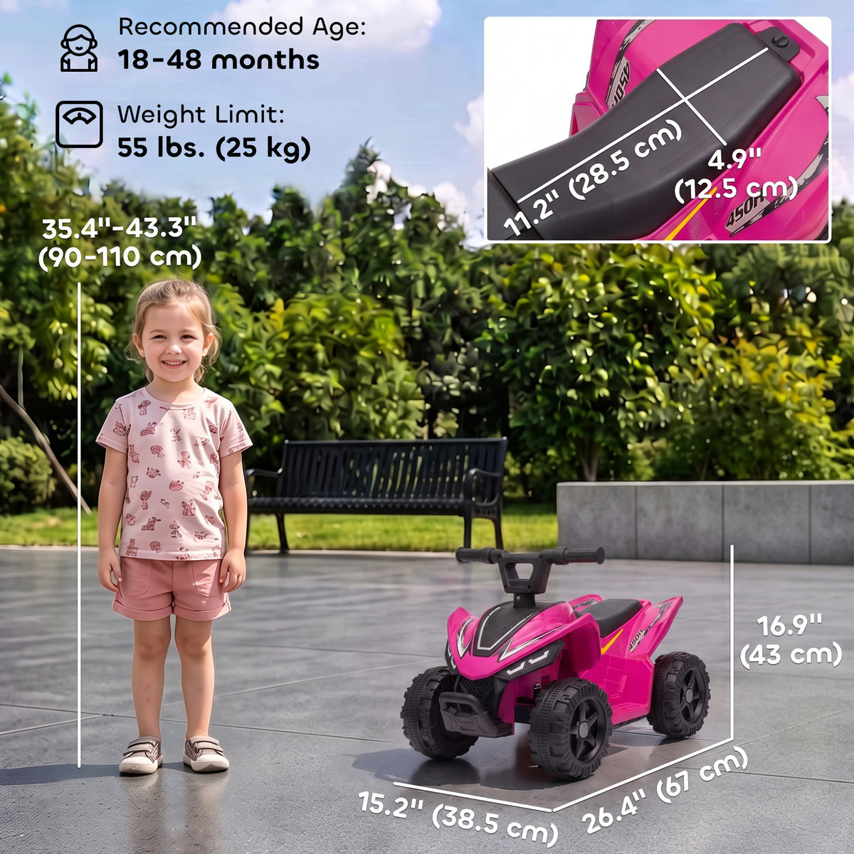 6V Kids ATV, 4 Wheels Kids Quad with Button Control, 45Mins Runtime, Max 1.2MPH, Max 55lbs Load for 18-48 M-Toys & Games > Baby & Toddler Toys > Electric Ride-On Toys > Electric Toy Cars-DECOROLALA