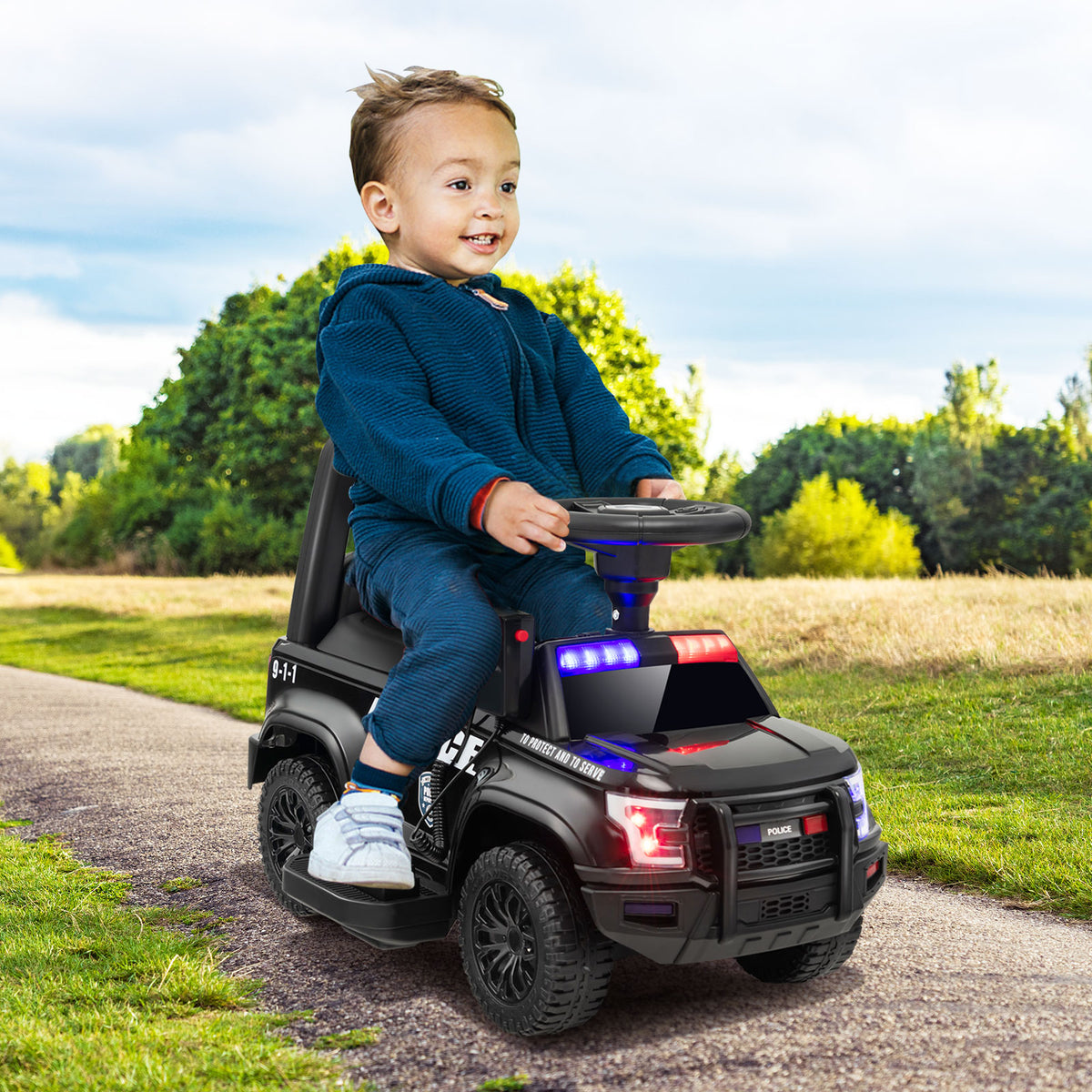 6V Kids Ride-On Police Car with Siren, Lights, and Megaphone - Black-Powered Ride On Toys-DECOROLALA