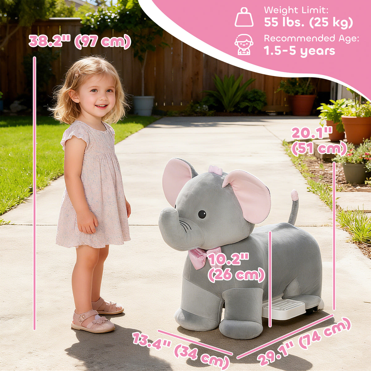 6V Kids Ride on Toy, Ride on Horse Elephant with Music, Soft Touch, Silent PU Wheels, Forward, for 1.5-5 Years-Toys & Games > Baby & Toddler Toys > Riding & Rocking Toys > Rocking Horses-DECOROLALA