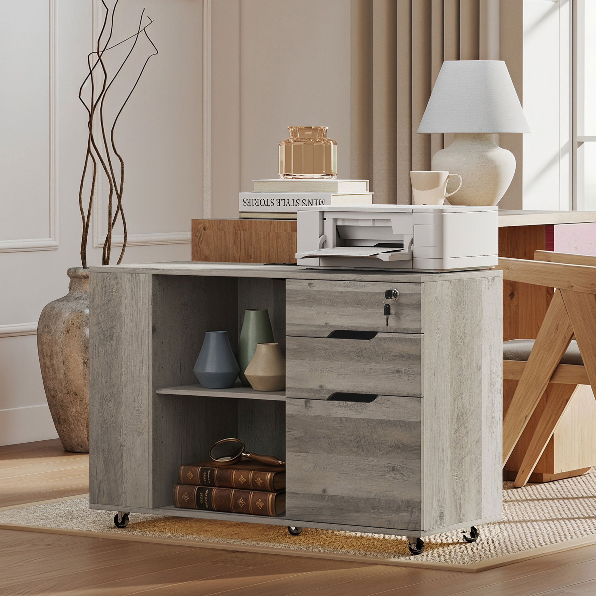 Mobile Filing Cabinet with Power Outlets - Light Gray Brown