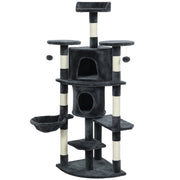 62" Cat Tree with Scratching Post, 2 Condos, Hammock, Perches, Plush, Pompoms, for Indoor Cats, Dark Grey