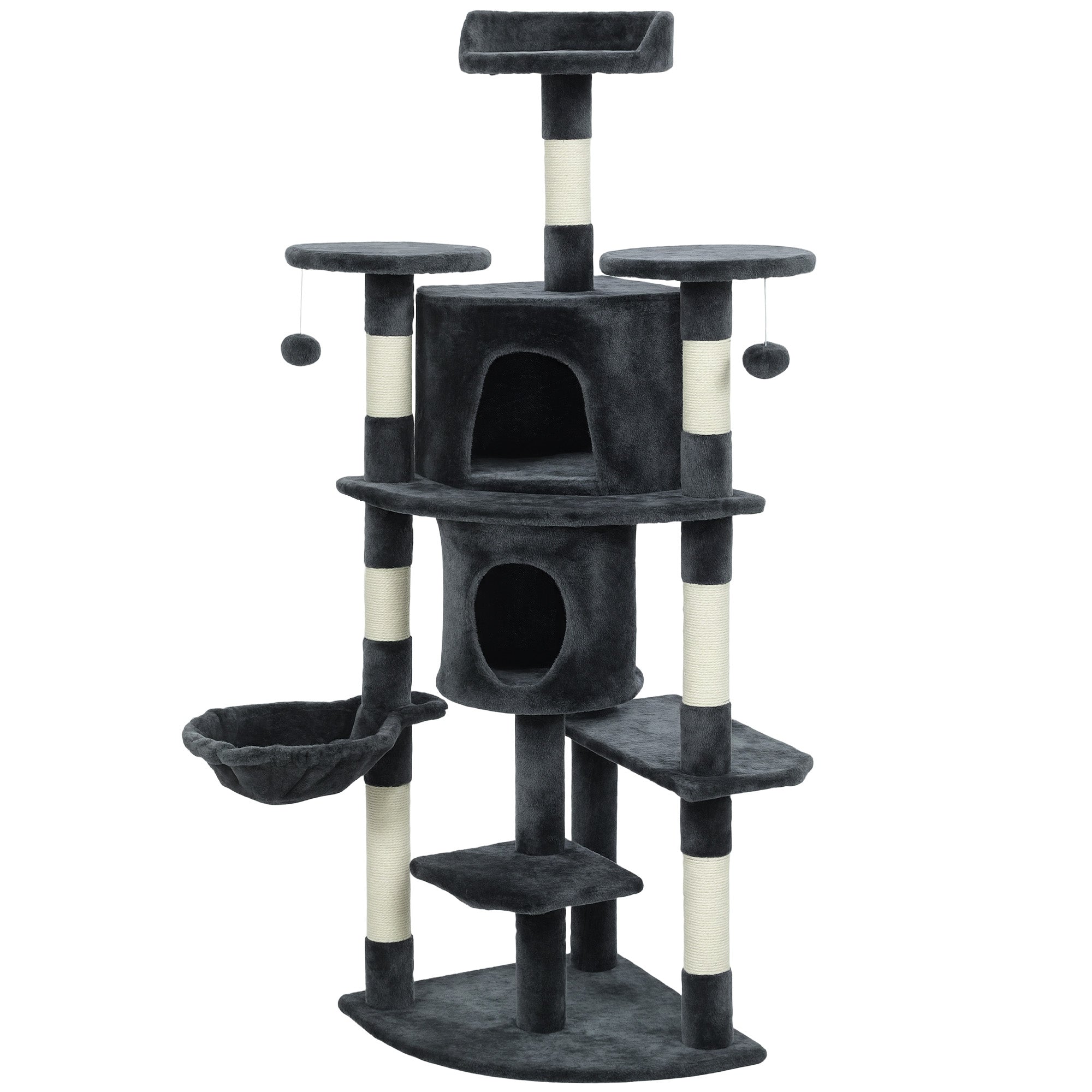 62" Cat Tree with Scratching Post, 2 Condos, Hammock, Perches, Plush, Pompoms, for Indoor Cats, Dark Grey