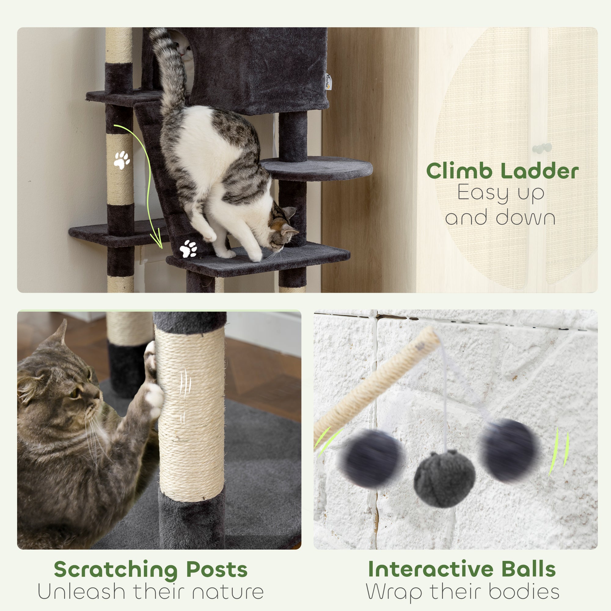 59 Inch Large Cat Tree with Sisal Scratching Posts, Cozy Condo, Top Perch, Ladder and Interactive Balls, Dark Grey