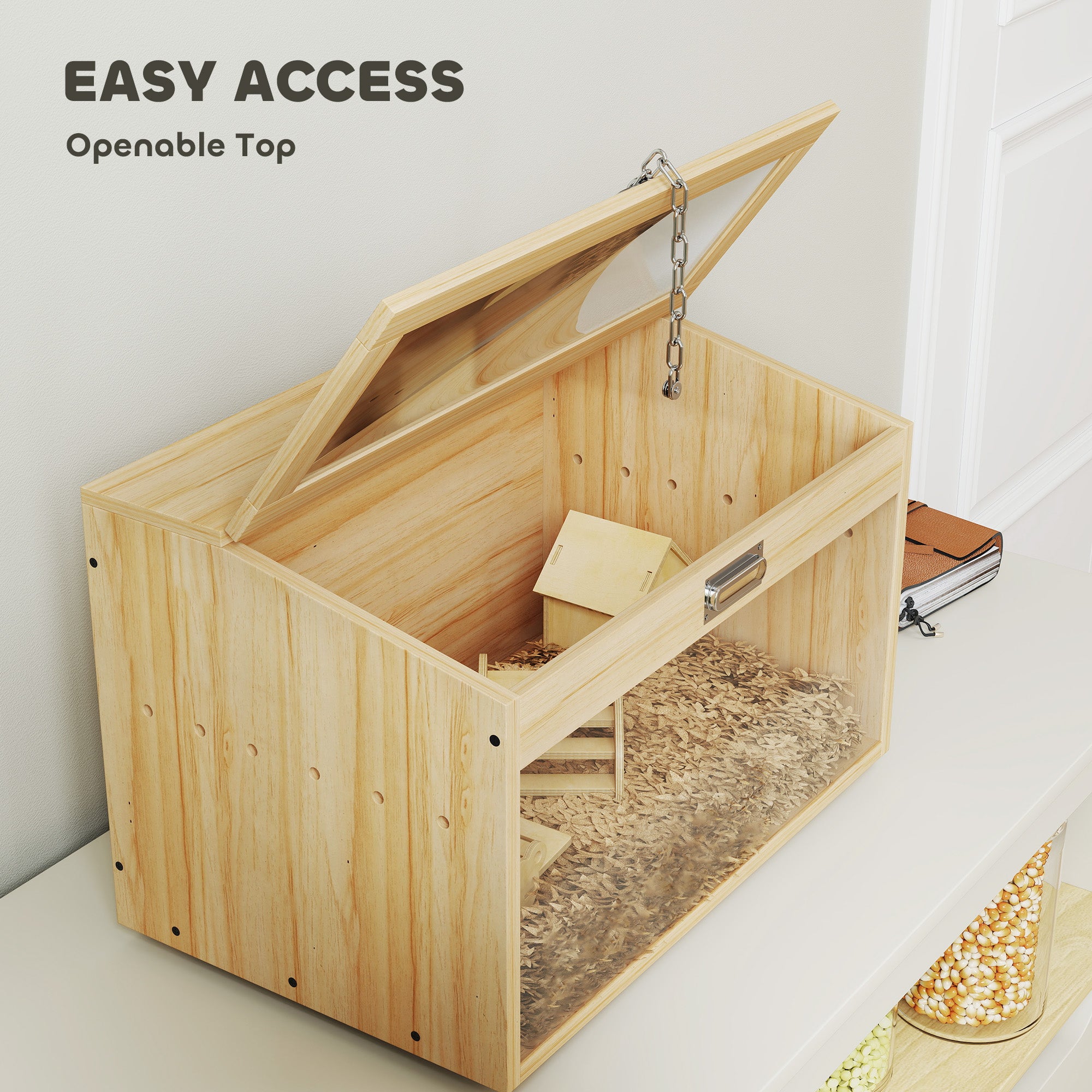 22"L Hamster Cage with Openable Top & Acrylic Windows, Small Animal Cage with Hut, Seesaw, Ladder, Natural Wood