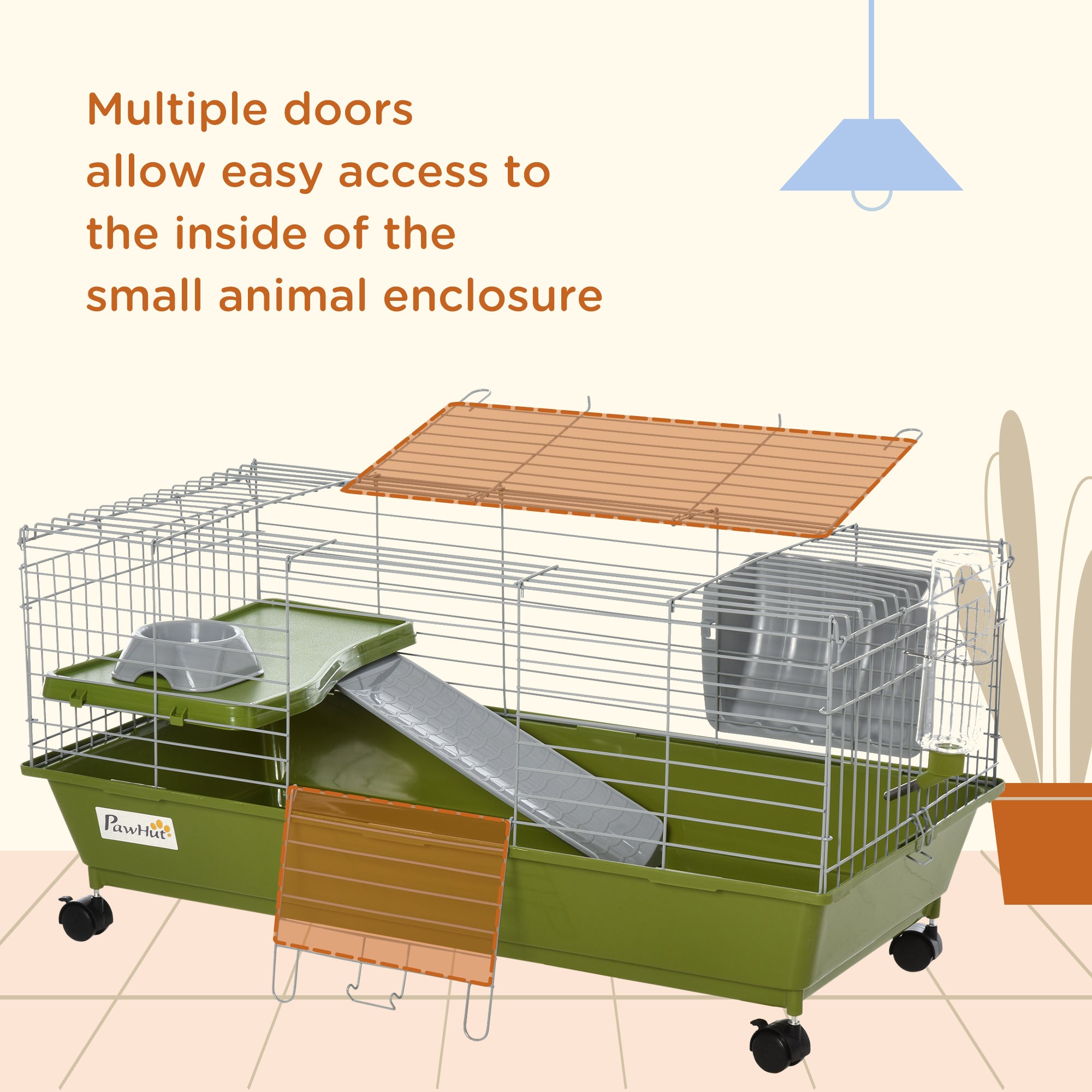 Small Animal Cage, Rolling Bunny Cage, Guinea Pig Cage with Food Dish, Water Bottle, Hay Feeder, Platform, Ramp, Green