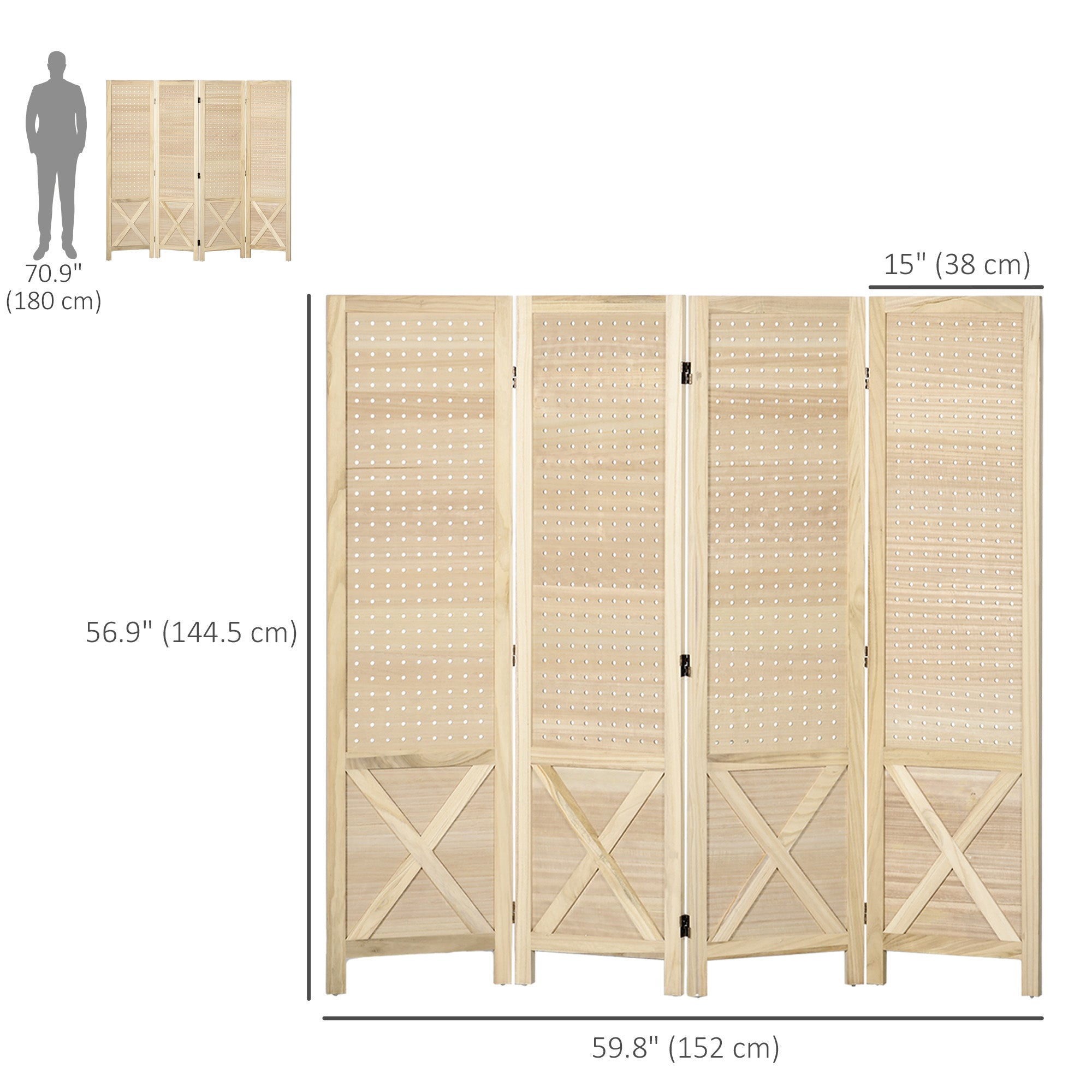4.7' 4 Panel Wooden Room Divider with Pegboard Display, Folding Privacy Screen for Home Office, Natural