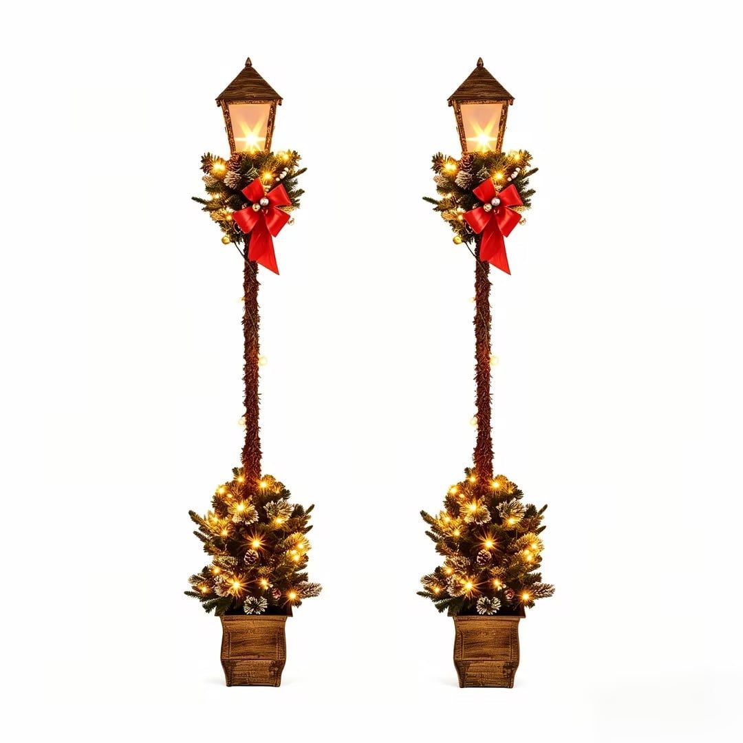 6.1 Feet Christmas Pre-lit Street Lamp Set of 2 with Artificial Greenery and Snow-flocked Branch Tips-Yellow-Christmas Decorations & Accessories-DECOROLALA