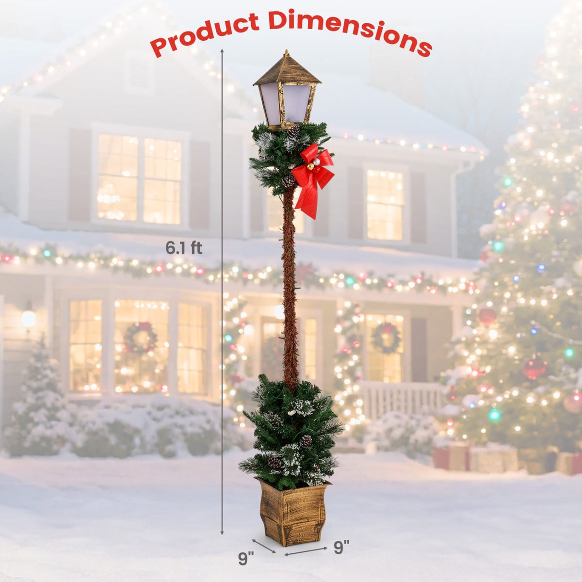 6.1 Feet Christmas Pre-lit Street Lamp Set of 2 with Artificial Greenery and Snow-flocked Branch Tips-Yellow-Christmas Decorations & Accessories-DECOROLALA