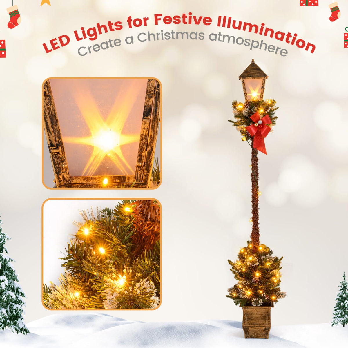 6.1 Feet Christmas Pre-lit Street Lamp Set of 2 with Artificial Greenery and Snow-flocked Branch Tips-Yellow-Christmas Decorations & Accessories-DECOROLALA