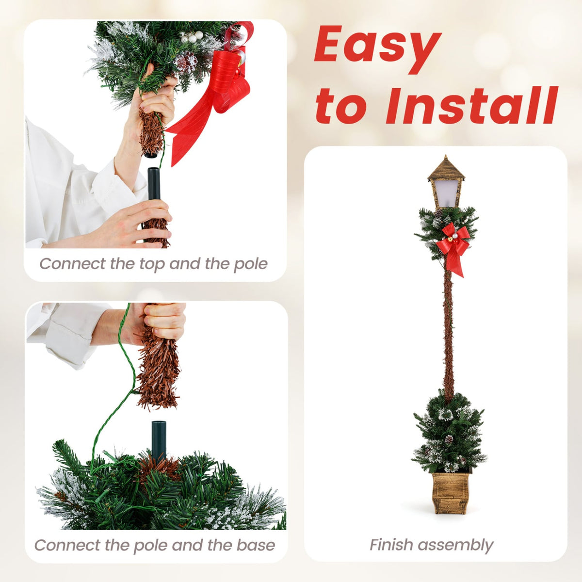 6.1 Feet Christmas Pre-lit Street Lamp Set of 2 with Artificial Greenery and Snow-flocked Branch Tips-Yellow-Christmas Decorations & Accessories-DECOROLALA