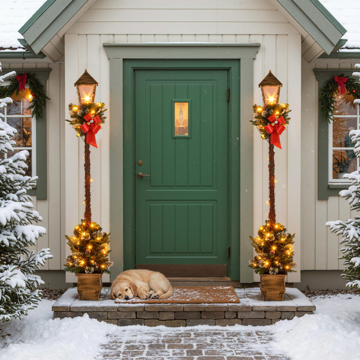 6.1 Feet Christmas Pre-lit Street Lamp Set of 2 with Artificial Greenery and Snow-flocked Branch Tips-Yellow-Christmas Decorations & Accessories-DECOROLALA
