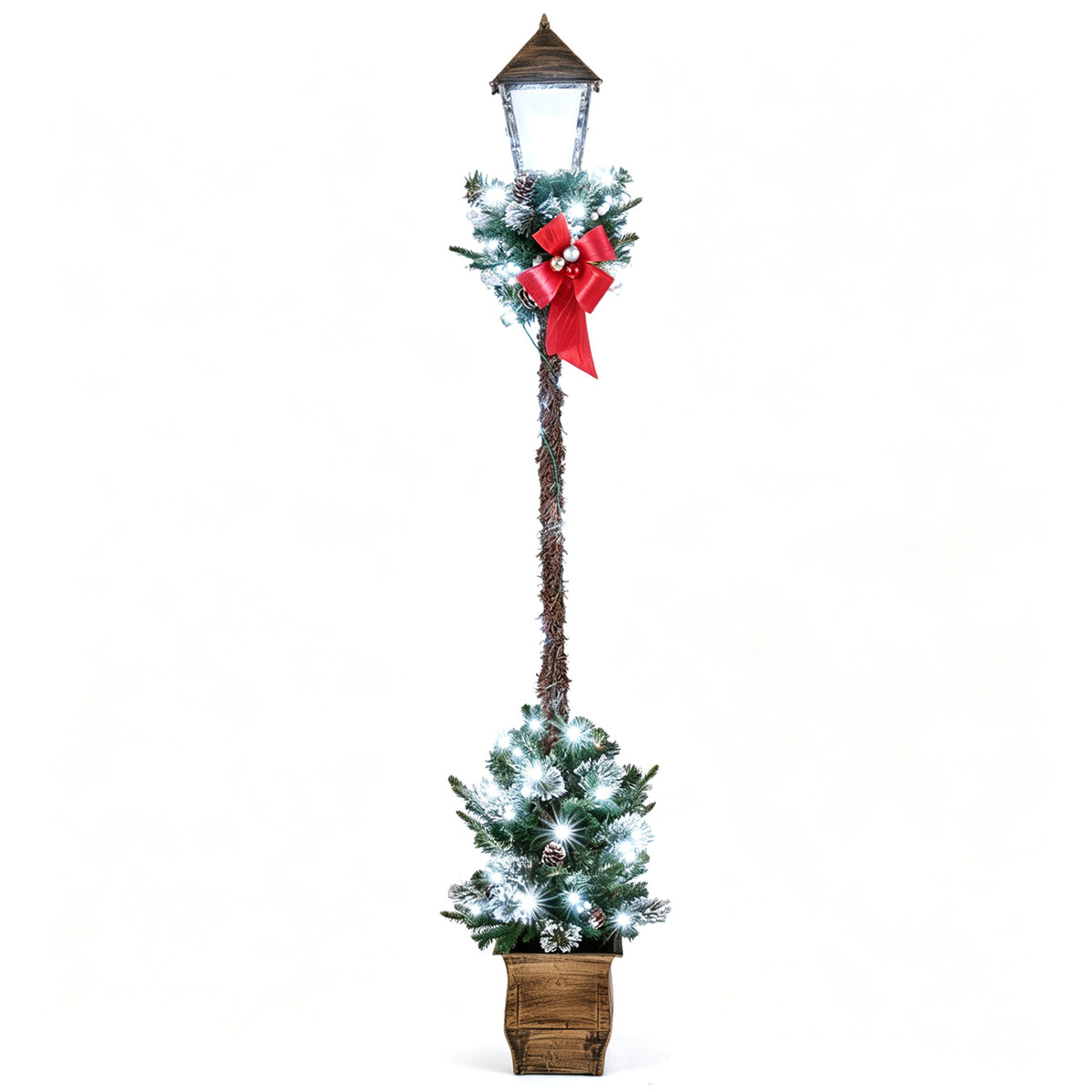 6.1 Feet Christmas Pre-lit Street Lamp with Artificial Greenery and Snow-flocked Branch Tips-Bright White-Christmas Decorations & Accessories-DECOROLALA
