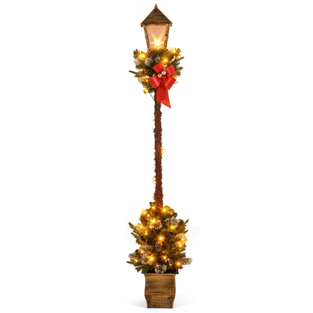 6.1 Feet Christmas Pre-lit Street Lamp with Artificial Greenery and Snow-flocked Branch Tips-Yellow-Christmas Decorations & Accessories-DECOROLALA