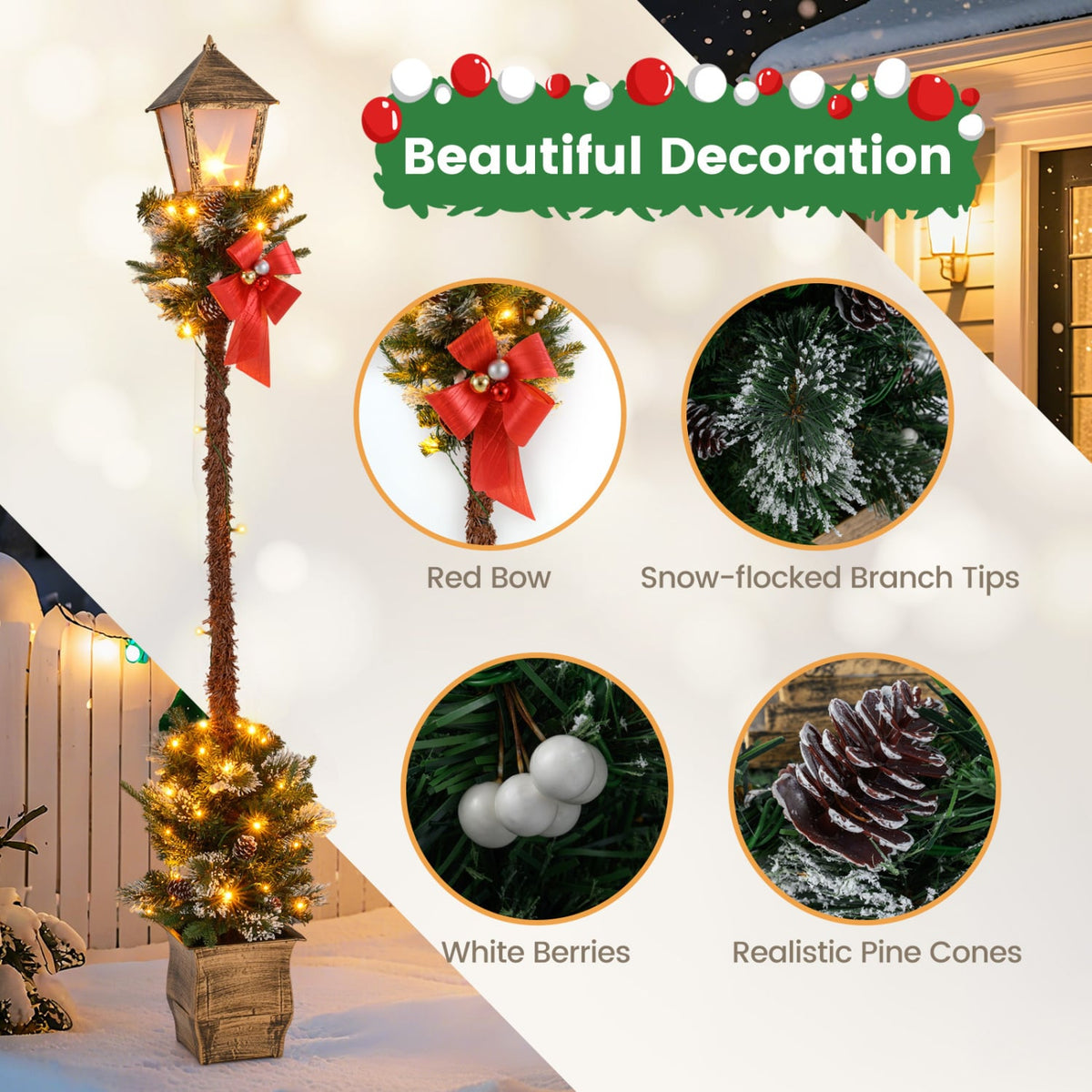 6.1 Feet Christmas Pre-lit Street Lamp with Artificial Greenery and Snow-flocked Branch Tips-Yellow-Christmas Decorations & Accessories-DECOROLALA