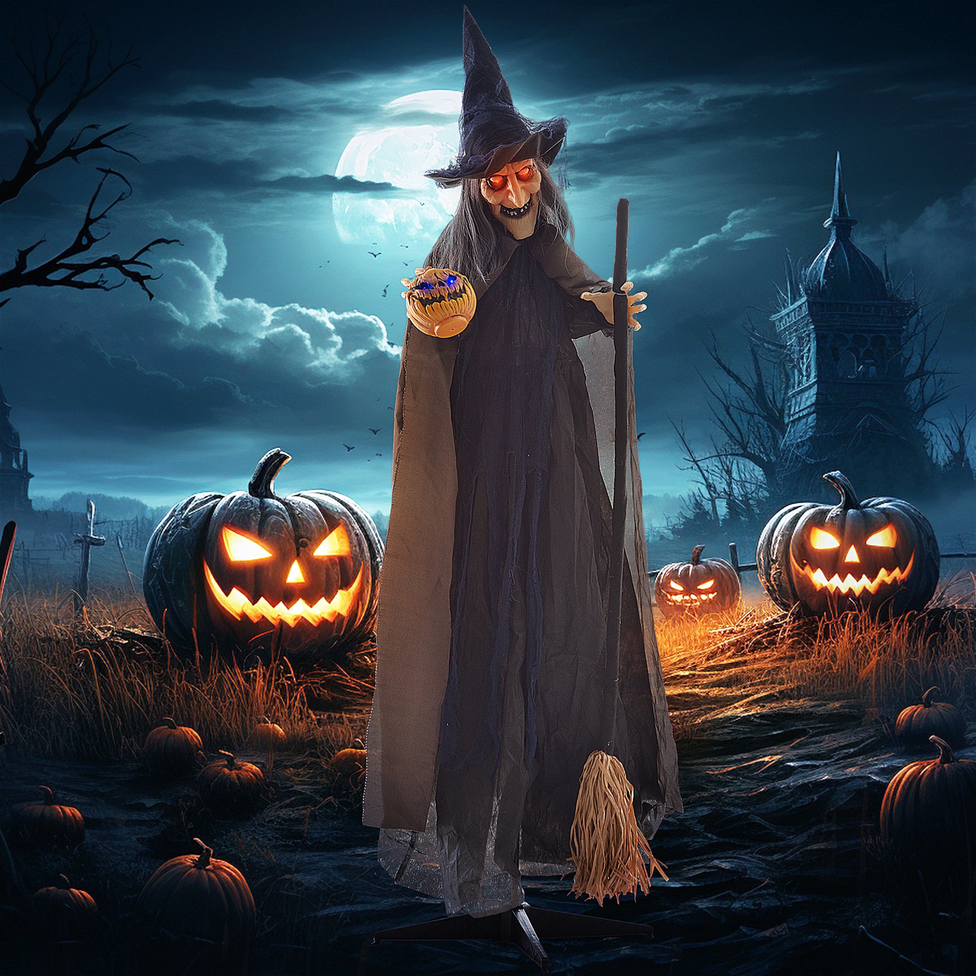 6.2' Animatronic Halloween Witch with Broomstick-Home Furnishings > Holiday & Seasonal > Halloween Decorations-DECOROLALA