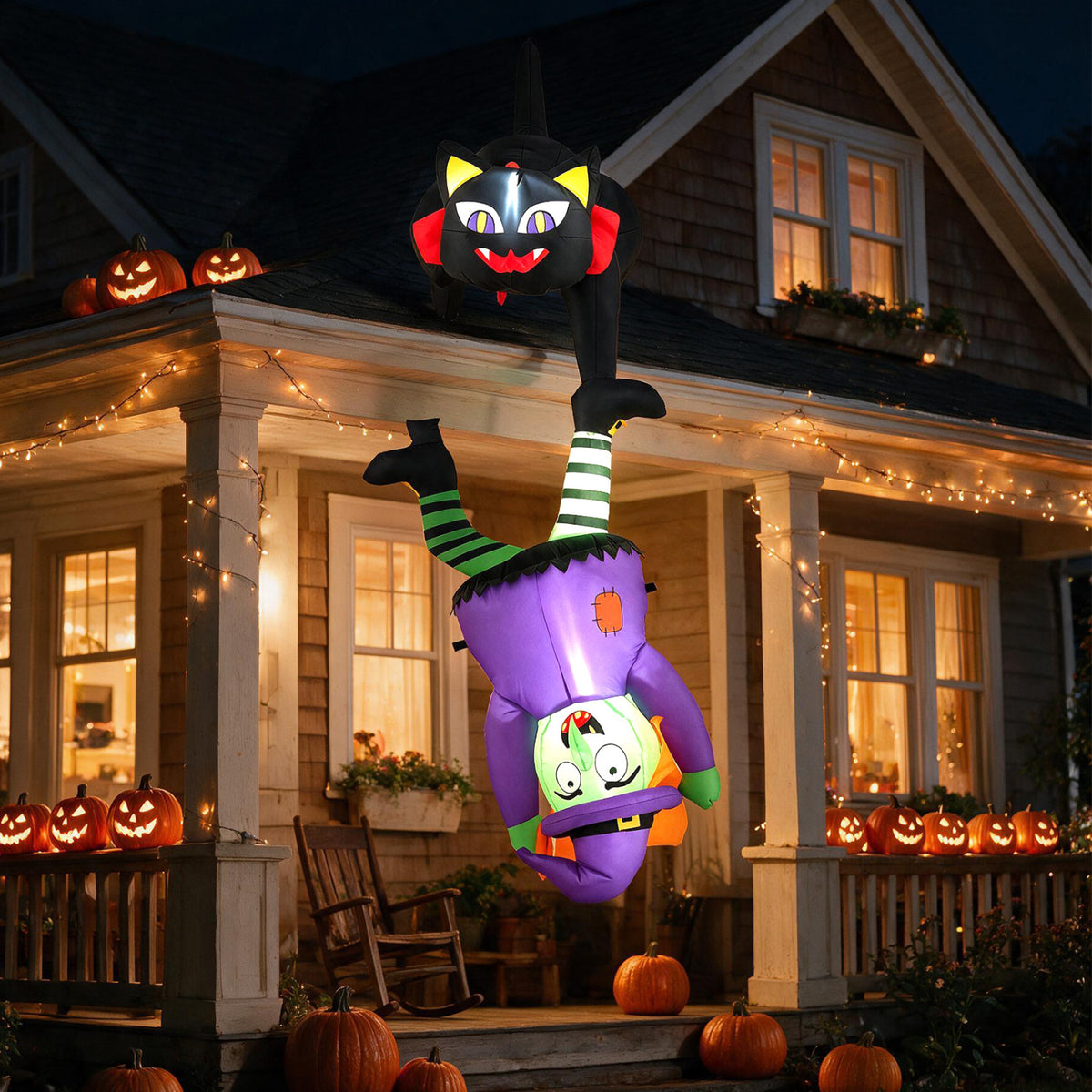 6.2 FT Halloween Hanging Inflatable Witch and Black Cat LED Lights-Halloween Decorations-DECOROLALA