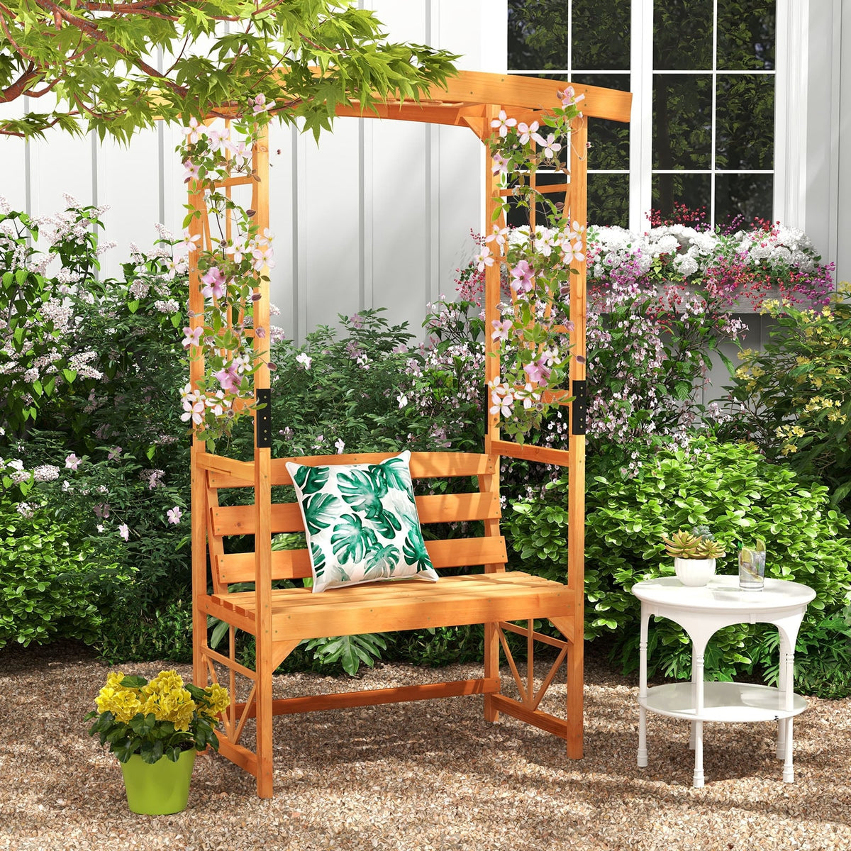 6.2 Feet Tall Patio Garden Arbor with Pergola and 2-Seat Bench for Garden Lawn Backyard Decoration-Yellow-Garden Arbors-DECOROLALA