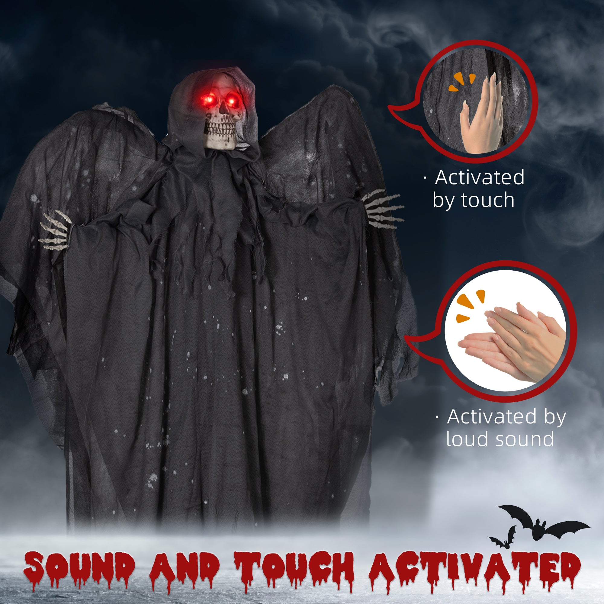 6.4' Animated Winged Grim Reaper Halloween Prop - Grey-Home Furnishings > Holiday & Seasonal > Halloween Decorations-DECOROLALA