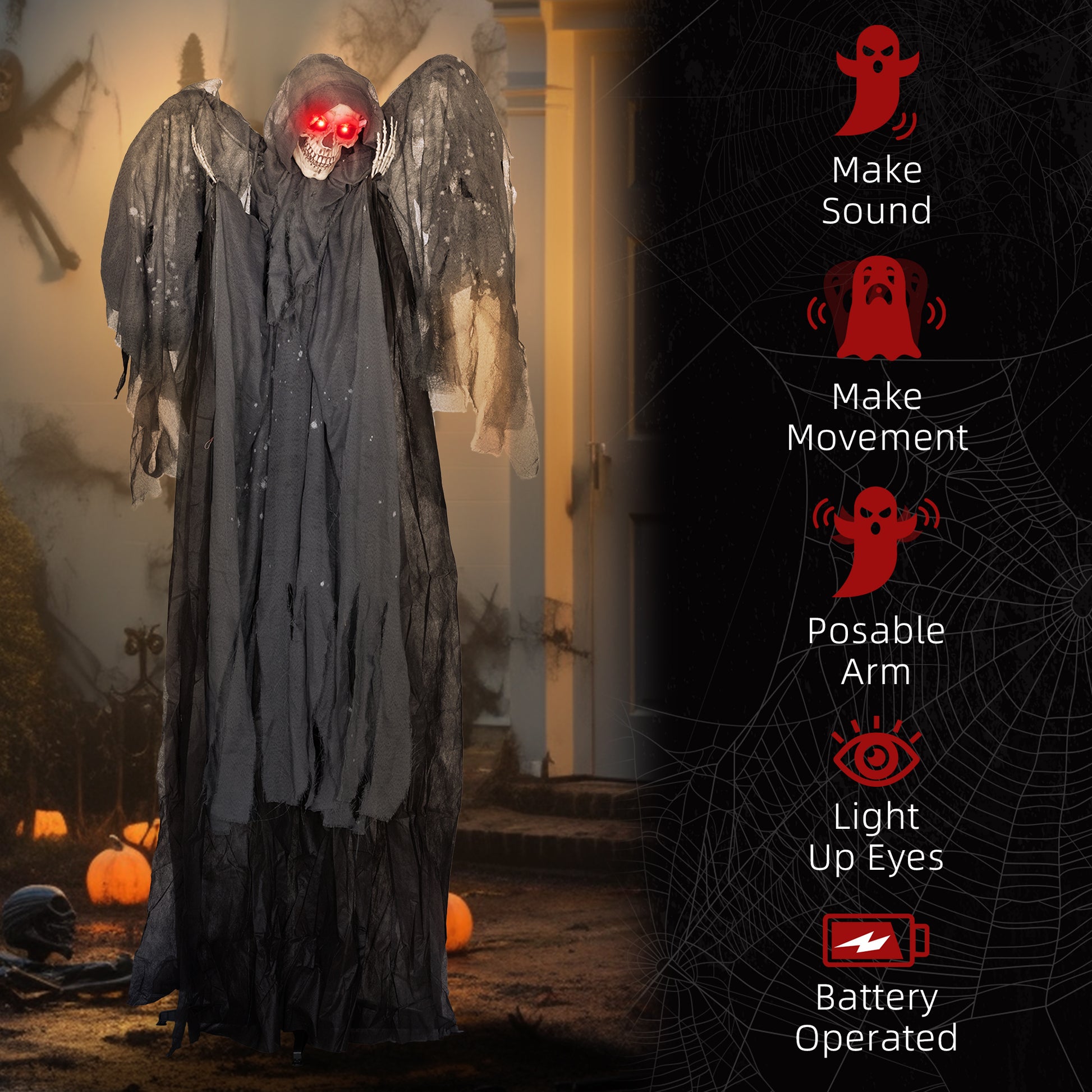 6.4' Animated Winged Grim Reaper Halloween Prop - Grey-Home Furnishings > Holiday & Seasonal > Halloween Decorations-DECOROLALA