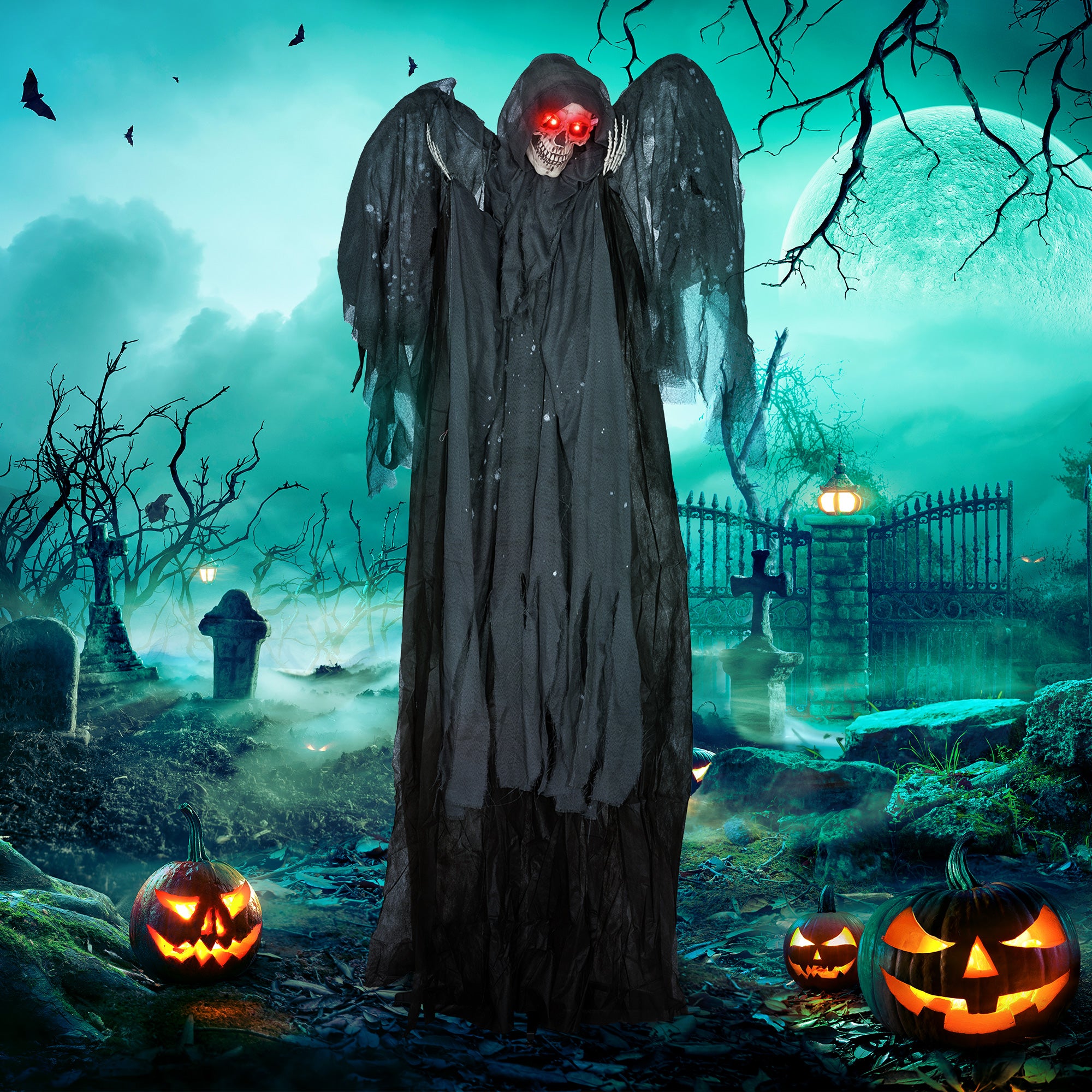6.4' Animated Winged Grim Reaper Halloween Prop - Grey-Home Furnishings > Holiday & Seasonal > Halloween Decorations-DECOROLALA