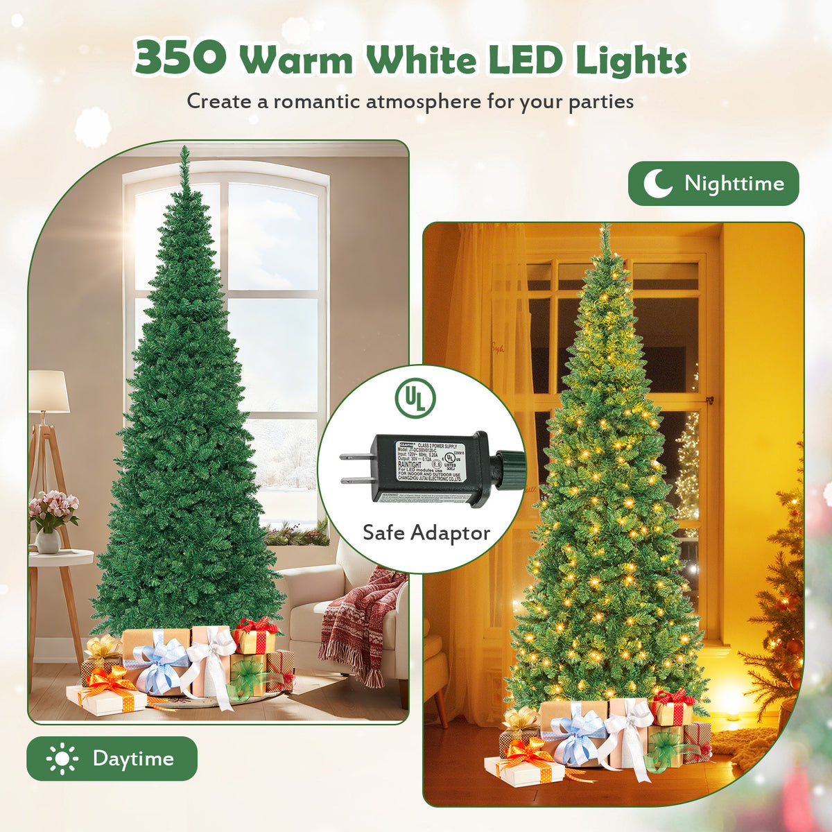 6.5' / 7.5' Pre-Lit Hinged Artificial Pencil Christmas Tree-7.5 ft-Christmas Trees-DECOROLALA