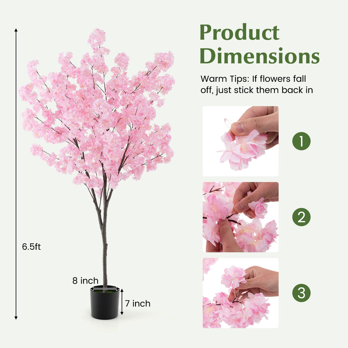 6.5 FT Tall Artificial Cherry Blossom Tree with 900 Pink Flowers-Artificial Plants-DECOROLALA