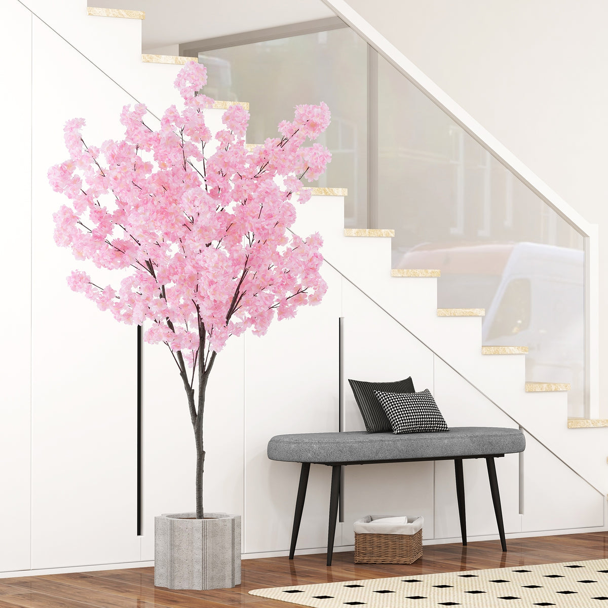 6.5 FT Tall Artificial Cherry Blossom Tree with 900 Pink Flowers-Artificial Plants-DECOROLALA