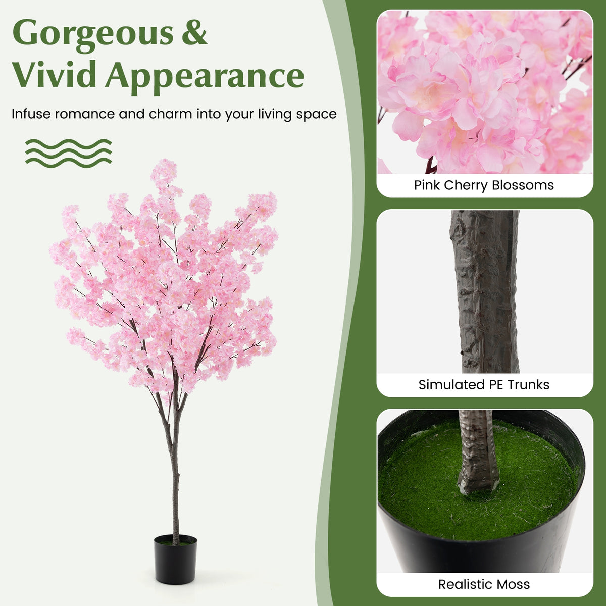 6.5 FT Tall Artificial Cherry Blossom Tree with 900 Pink Flowers-Artificial Plants-DECOROLALA