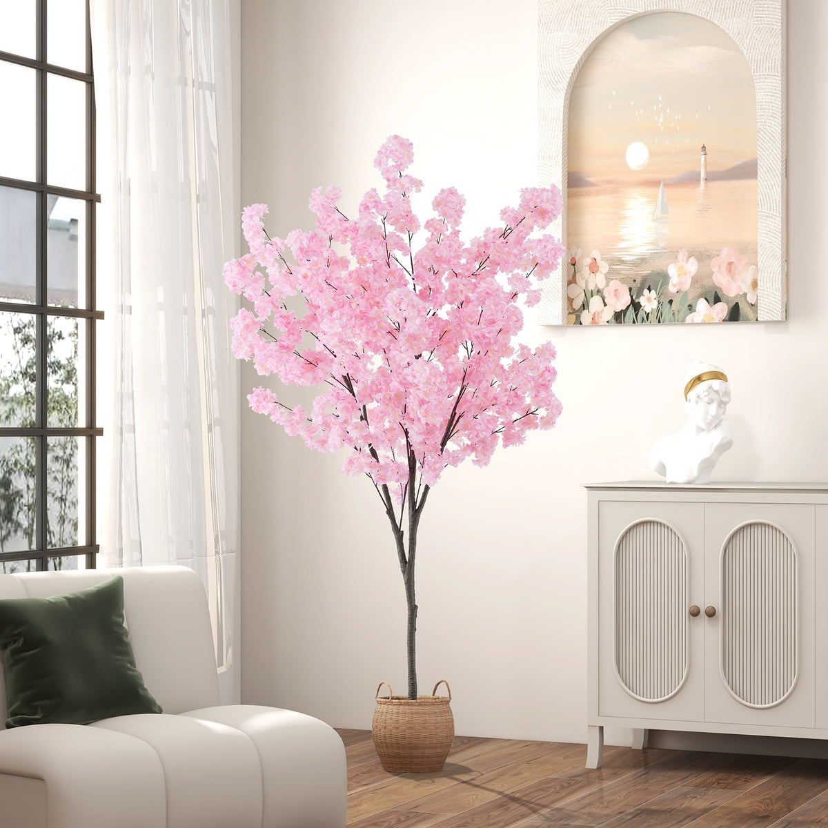 6.5 FT Tall Artificial Cherry Blossom Tree with 900 Pink Flowers-Artificial Plants-DECOROLALA