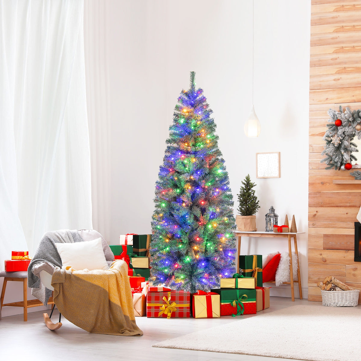 6.5 Feet Pre-Lit Blue Artificial Christmas Tree Slim with 9 Lighting Modes-6.5 ft-Christmas Trees-DECOROLALA