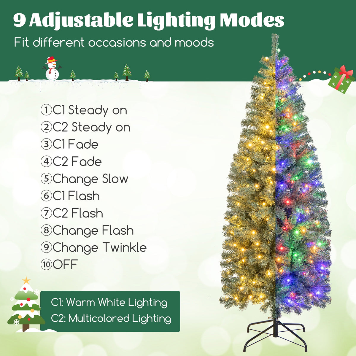6.5 Feet Pre-Lit Blue Artificial Christmas Tree Slim with 9 Lighting Modes-6.5 ft-Christmas Trees-DECOROLALA