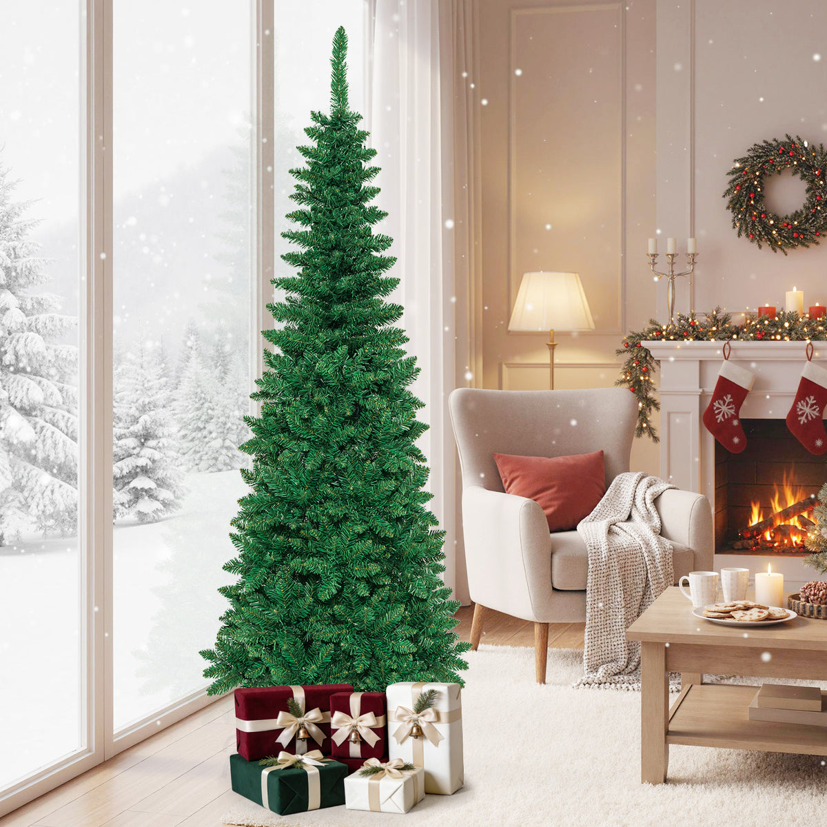 6.5 Feet Pre-Lit Hinged Artificial Pencil Christmas Tree-6.5 ft-Christmas Trees-DECOROLALA