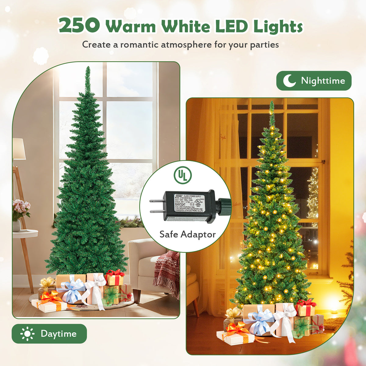 6.5 Feet Pre-Lit Hinged Artificial Pencil Christmas Tree-6.5 ft-Christmas Trees-DECOROLALA