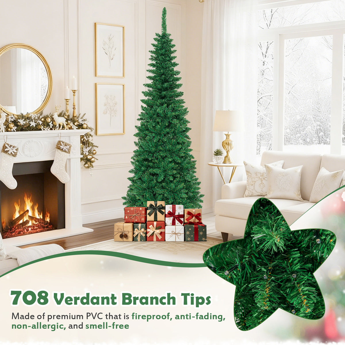 6.5 Feet Pre-Lit Hinged Artificial Pencil Christmas Tree-6.5 ft-Christmas Trees-DECOROLALA