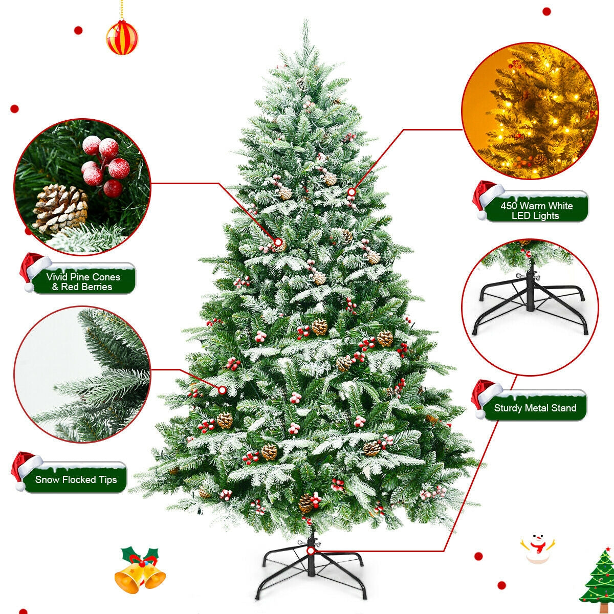 6.5 Feet Pre-lit Snow Flocked Hinged Artificial Christmas Tree-Christmas Trees-DECOROLALA