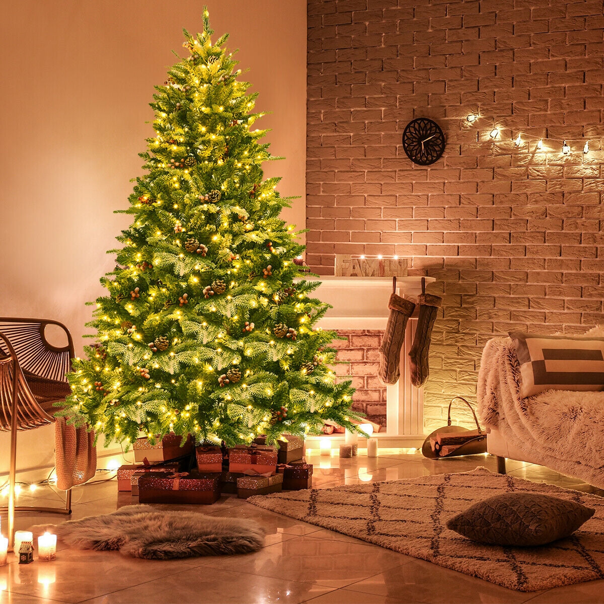 6.5 Feet Pre-lit Snow Flocked Hinged Artificial Christmas Tree-Christmas Trees-DECOROLALA