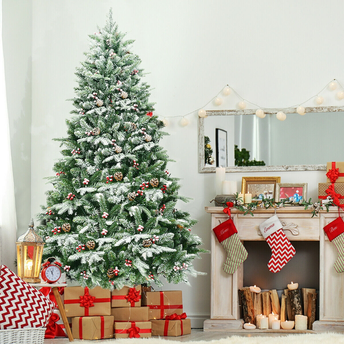 6.5 Feet Pre-lit Snow Flocked Hinged Artificial Christmas Tree-Christmas Trees-DECOROLALA