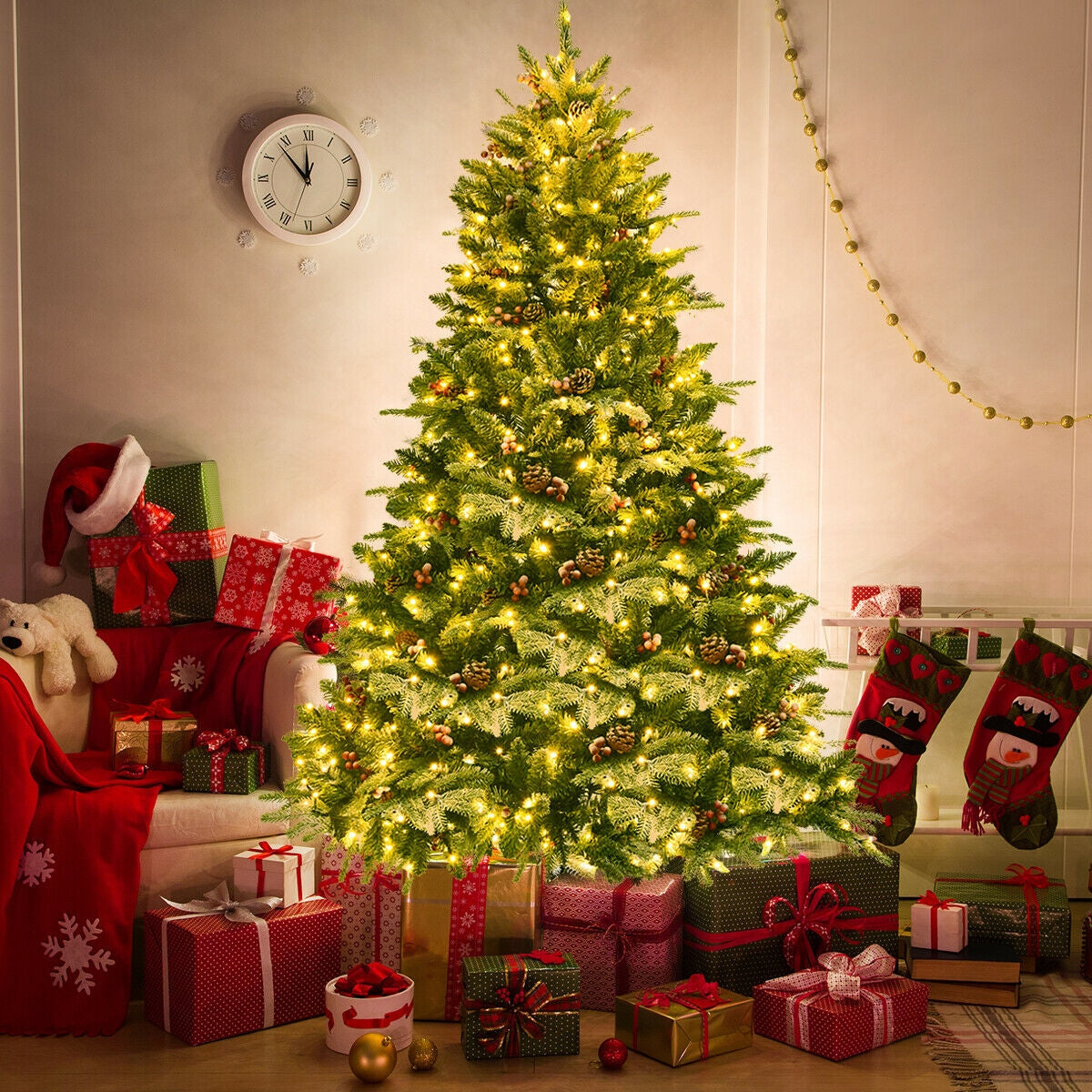 6.5 Feet Pre-lit Snow Flocked Hinged Artificial Christmas Tree-Christmas Trees-DECOROLALA