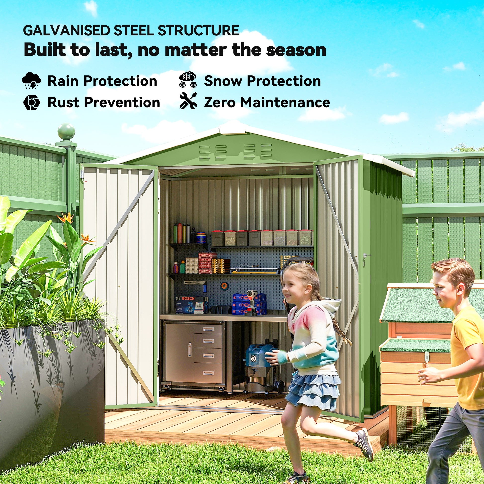6.5' x 4' Metal Outdoor Storage Shed - Light Green-Patio & Garden > Lawn & Garden > Sheds-DECOROLALA